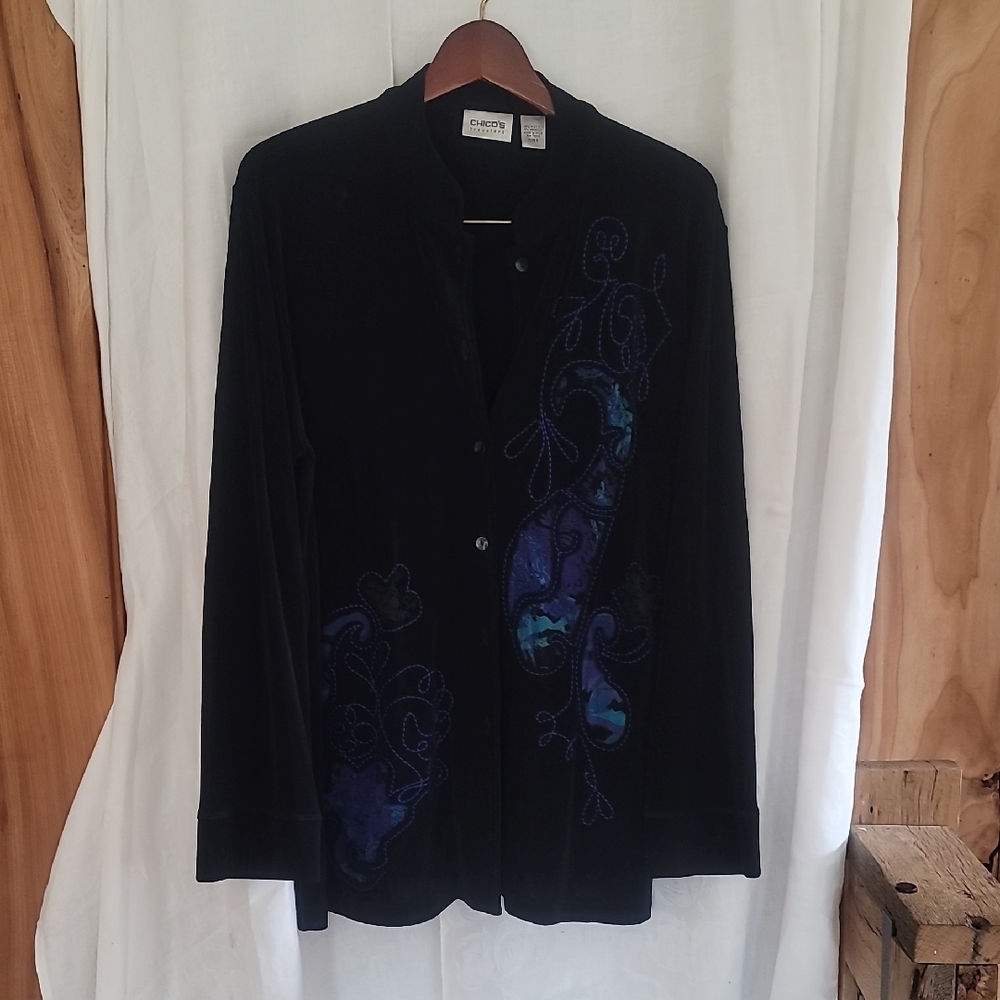 Chico's Black Embroidered Button-Up Shirt